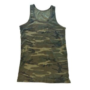 Y2K luck brand XL ribbed tank studded “peace” camo print USA-made fitted vintage